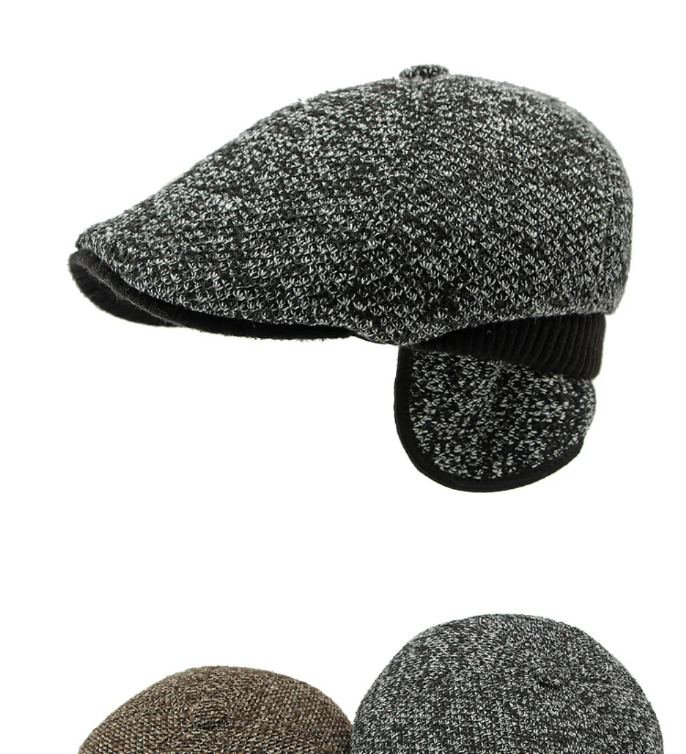 HT4538 Berets Männer Winter Wolle Baskenmütze Hut Dicke Warme Achteckige Earflap Kappe Männliche Gestrickte Hut Ivy Flache Kappe Fleece Gefüttert Baskenmütze Kappen – Detail 2