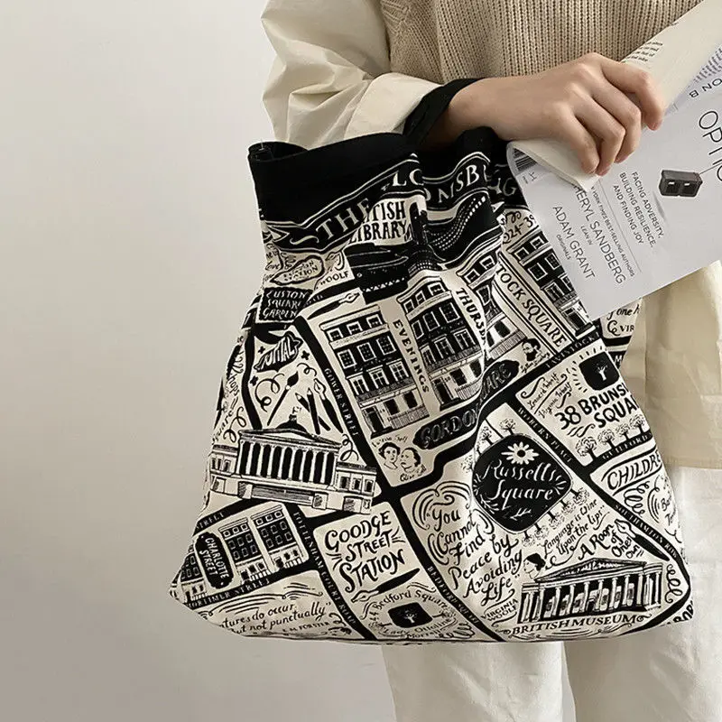 Women's Shoulder Bag Large Capacity Canvas Bag Illustration Tote Bag Student Fashion Versatile Commuter Handbag Shopping Bag