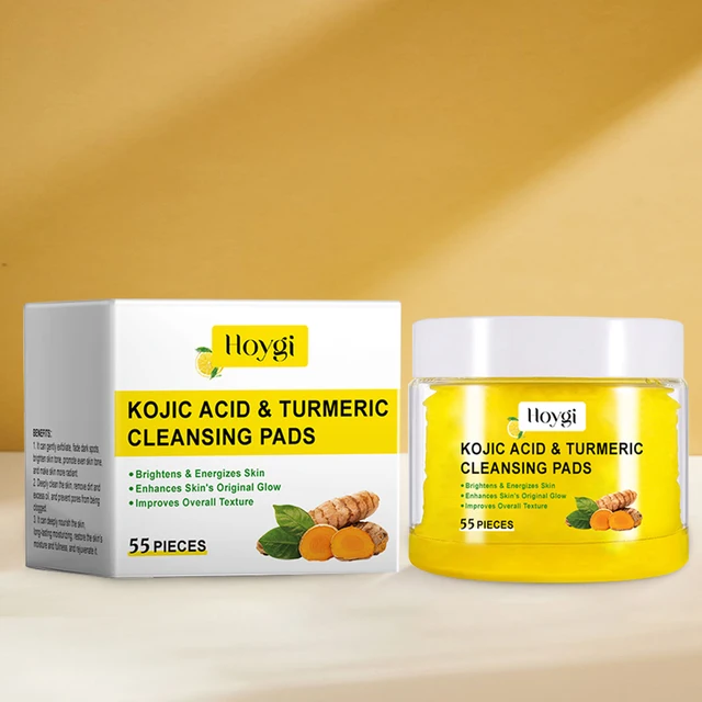 Coussinets nettoyants pour le visage à l'acide de curcuma kojique, tampons nettoyants expensants pour le visage, tampons nettoyants en profondeur pour la peau, coton, sous-soins pour la peau, 55 pièces 1