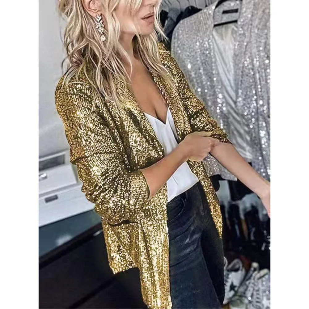 Shiny Women's New Performance Costume Multi color Sequins Long Sleeve Suit Coat Host Nightclub Evening Dress Coat (Jacket)