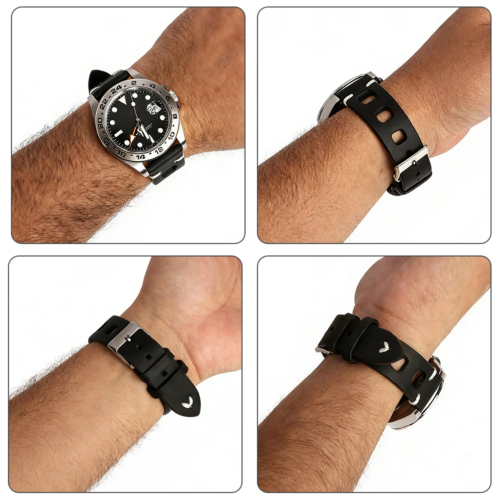 Vintage Genuine Leather Racing Watch Band with Quick Release and Breathable Design, Handmade Stitching