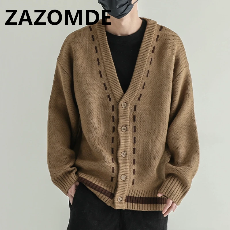 

ZAZOMDE Winter New Casual V-Neck Cardigan Sweaters Solid Color Outerwear Single-breasted Male Loose Knitted Lines Sweaters Coats