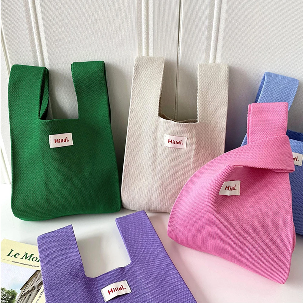 

Handmade Knit Handbag Women Mini Knot Wrist Bag Wide Stripe Plaid Tote Bag Shopping Bag Letter Label Shoulder Bag Bucket Bag
