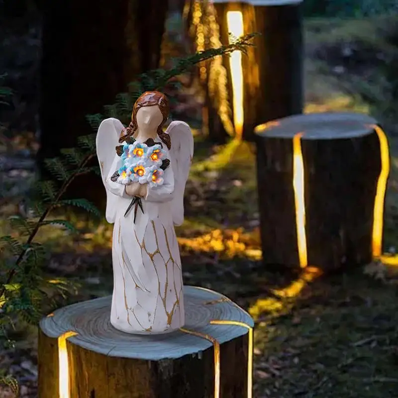 Angel Solar Lights Outdoor Garden 11 Inches LED Lights Resin Outdoor Angel Statues For Garden Decoration Waterproof