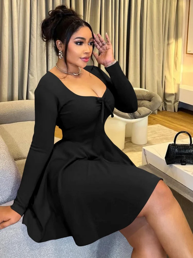 Wmstar Plus Size Women Dresses 2025 Wholesale Sexy Squared Collar Top Bodycon High Waist Long Sleeve Dress Drop Shipping Summer