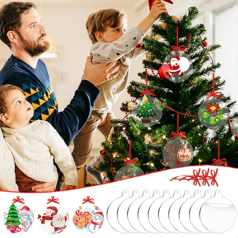 

10pcs Round Acrylic Christmas Tree Ornament Blank Transparent Pendant Merry Christmas Decoration for Home Navidad DIY Xmas Craft
