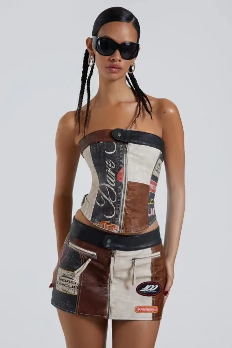 

150810 Fashion Classic Trendy Luxury Designer cloth Splice Racing PU Distressed Printed Corset Miniskirt Skirt Women