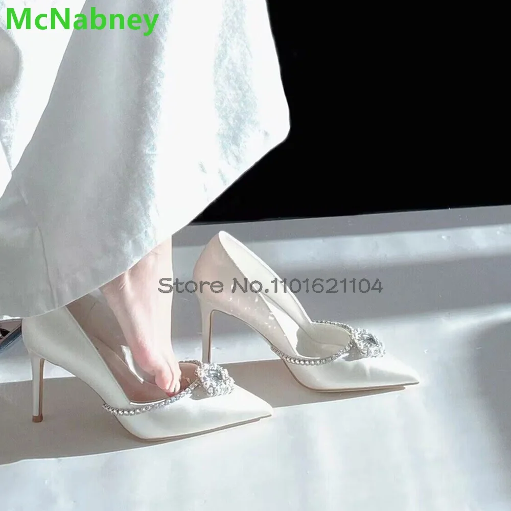 White Thin High Heel Crystal Wedding Pumps For Female Women 2024 Spring New Pointed Toe Slip-on Shallow Solid Elegant Shoes