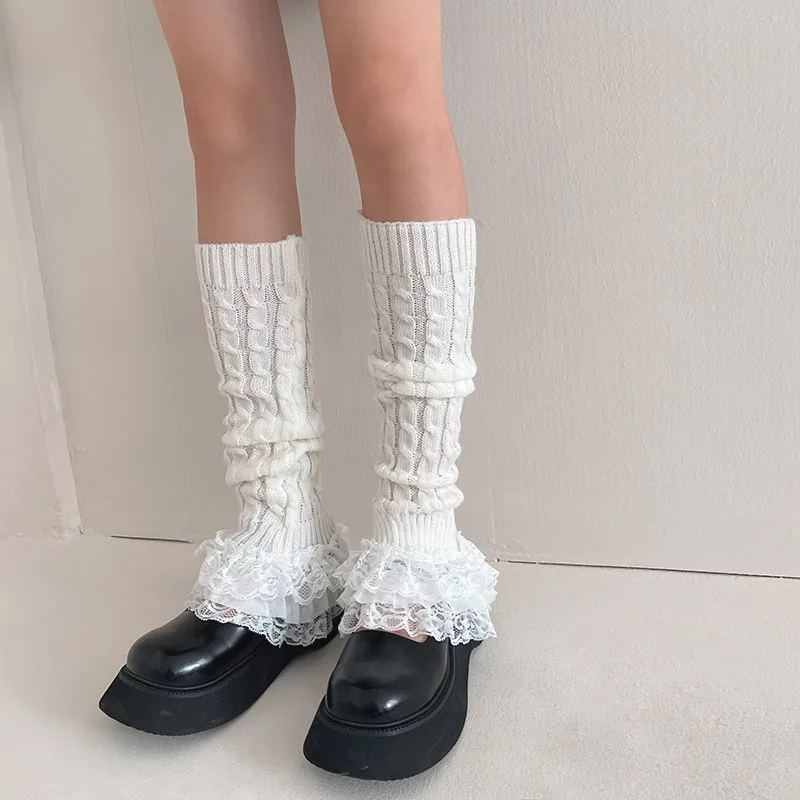 

2023 Lolita Lace Knitted Leg Warmers Y2K Multi-layer Twisted Striped Leg Socks Leg Cover Pile Socks Japanese JK Accessories Sock