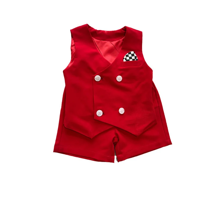 

Summer Children Red Formal Vest Suit Kids Performance Wedding Party Host Costume Boys Waistcoat Shorts Shirts Clothing Set