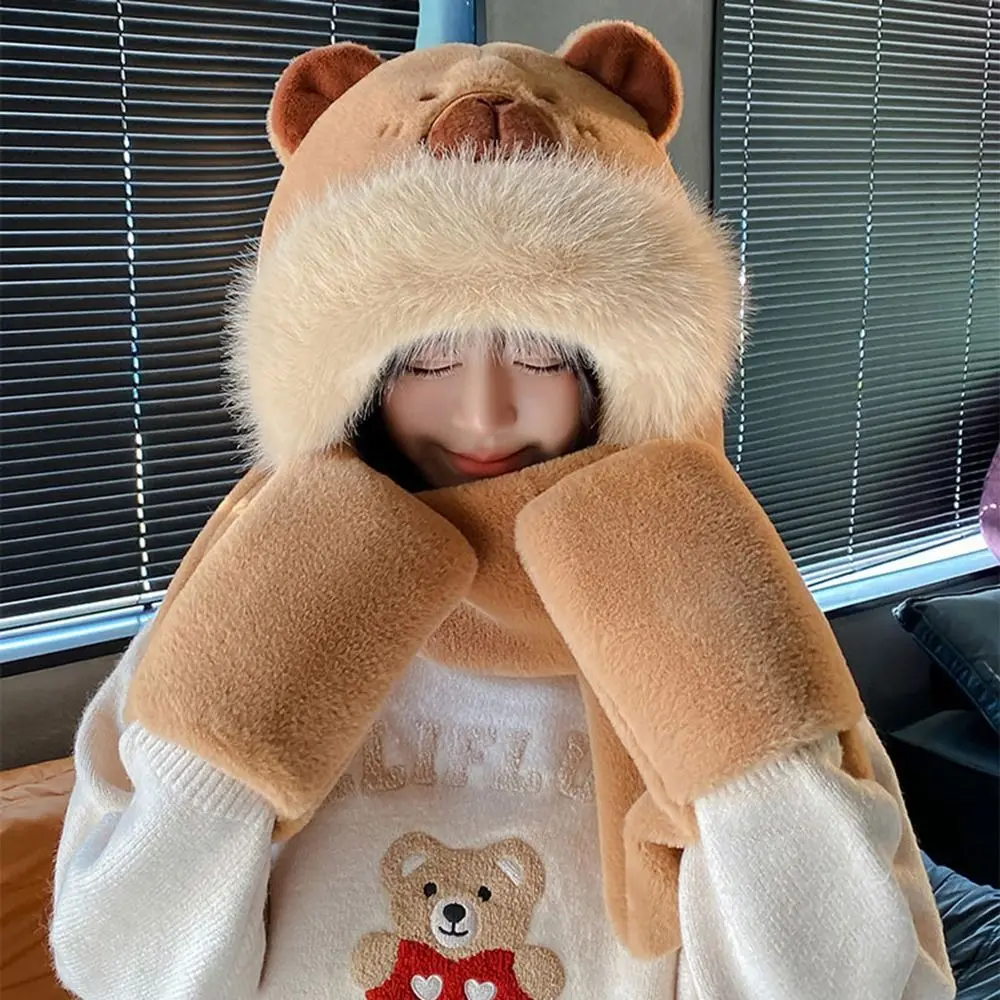 Trendy 3 in 1 Capybara Hat Scarf Set Cartoon Panda Furry Scarf Cap Set Fluffy Soft Scarf Hat Glove for Women Girls