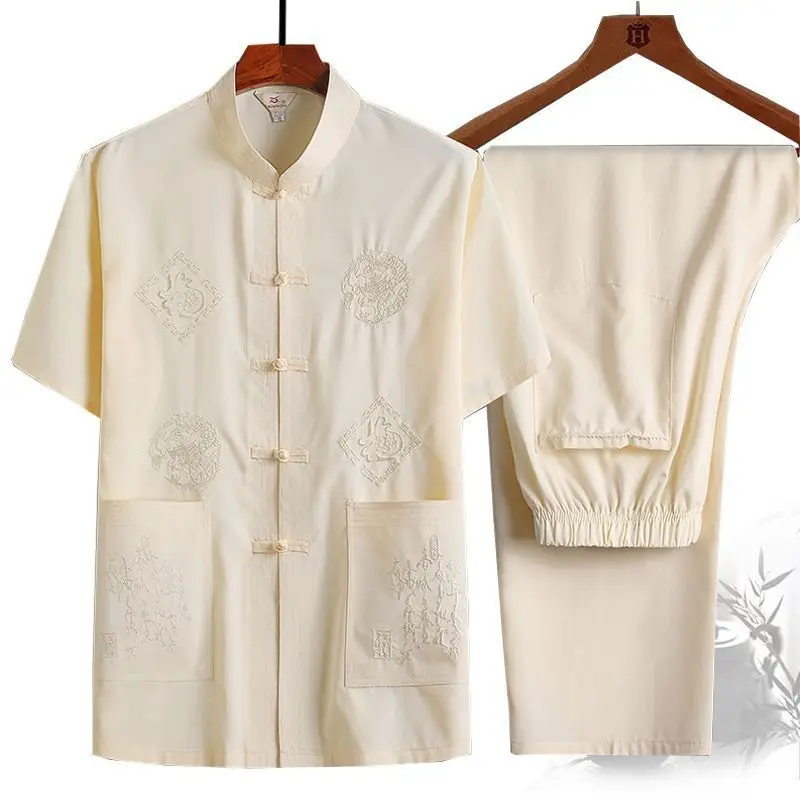 

Yourqipao Traditional Chinese Men Embroidery Tang Suit Short Sleeve Taichi Uniform Cotton Dragon Wushu Clothing Kung Fu Shirt