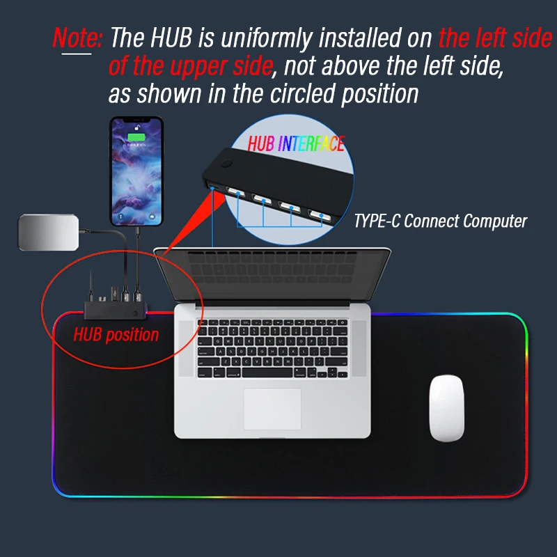 Extensão República dos Jogadores Tapete Rígido Tapete de Mesa Rog Tapete Antiderrapante Rgb Luminoso Usb tipo c Hub Tapete Personalizado - Imagem 2