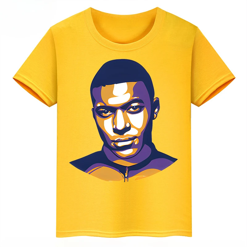 thumbnail image 1 of Camiseta deportiva de algodón amarilla de manga corta de verano para niños y niñas con estampado de avatar de Mbappé, 1 of 5
