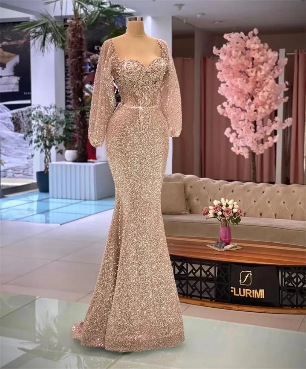 

New Shiny Women Formal Evening Dress Sweethear Neck Long Sleeves Beading Lace Appliques Mermaid Floor-Length Prom Party Dress