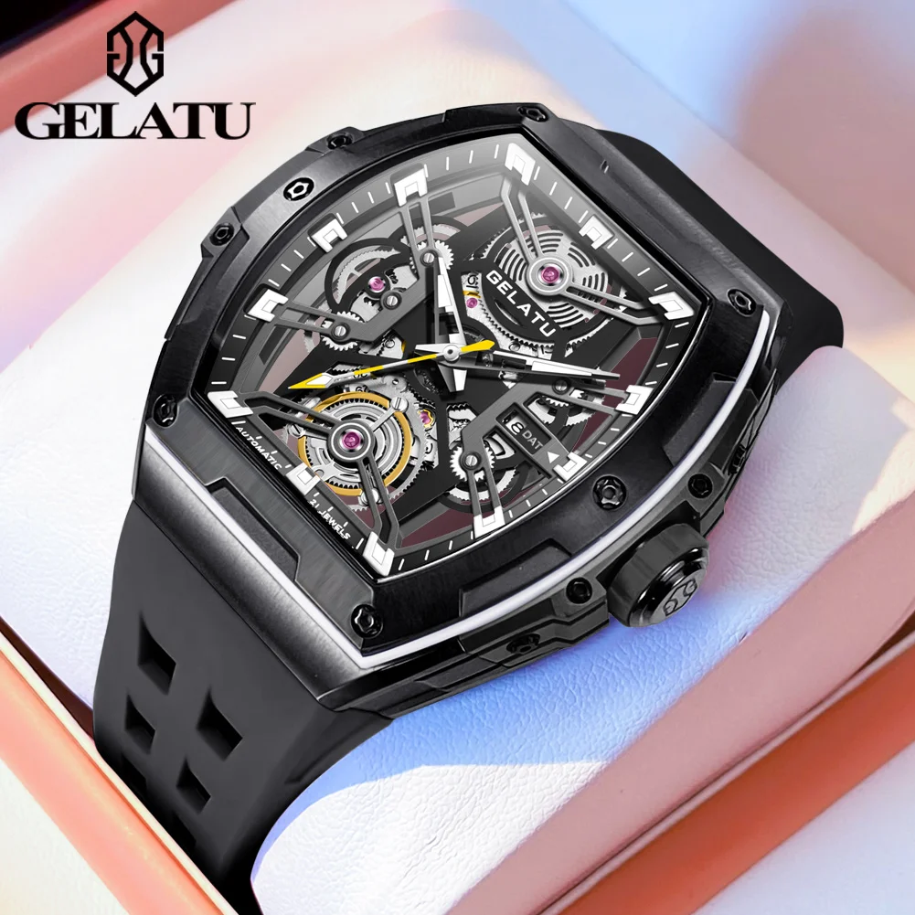 

GELATU Original Brand Luxury Automatic Watch for Men Waterproof Tonneau Sport Silicone Sapphire Crystal Mechanical Wristwatch