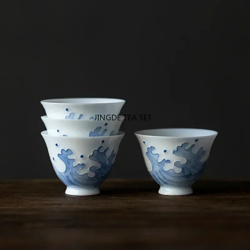 1 Chinese ceramic tea cup travel personal meditation cup hand-painted wave ceramic tea bowl household tea set