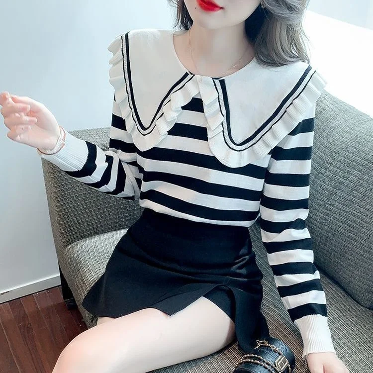 

Womens Pullovers Sweater Striped Slim Bottoming Shirt Doll Collar Knitwear Spring Autumn 2023 Basic Korean Jumpers T54