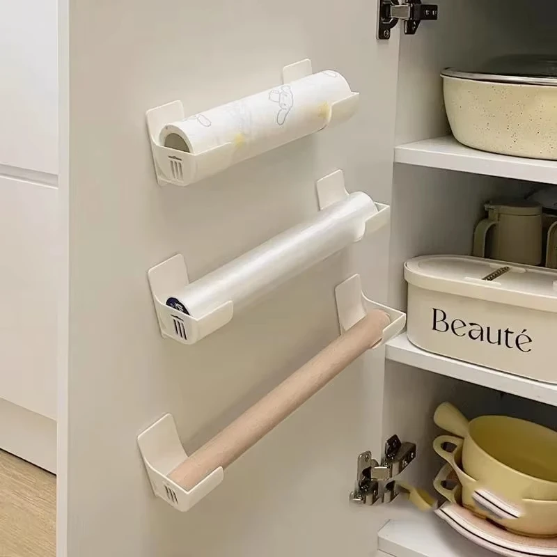 4pcs Wall Mounted Garbage Bag Holder Kitchen Bathroom Side Film Container Organizer Cling Film Garbage Bag Plastic Shelf