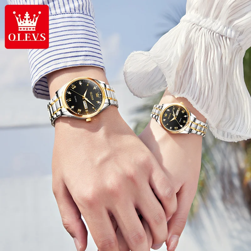 OLEVS 5563 пара часы Классика календарь нержавеющая сталь водонепроницаемые светящиеся часы для влюбленных Кварцевые наручные часы Мужские Женские комплект