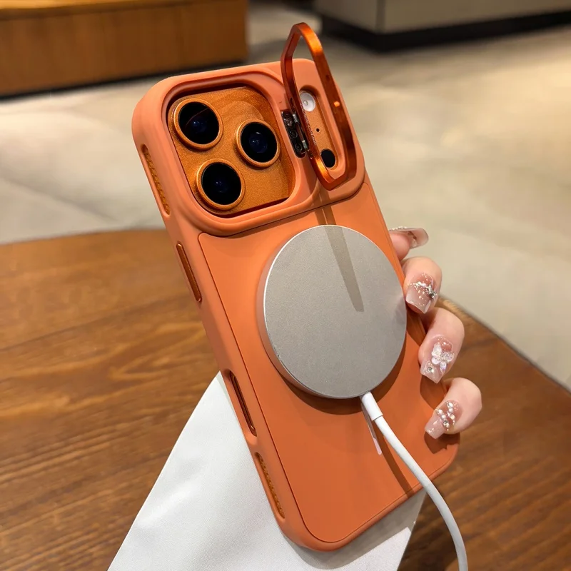 Premium Magnetic Liquid Silicone Shockproof Phone Case with Metal Lens Stand Holder