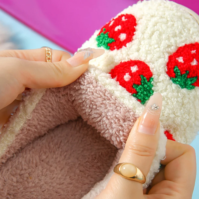 Chic Mix Color Women's Cotton Slippers Winter 2025 Flat Heel Indoor Anti Slip Fur Slippers Woman Rainbow Heart Print Home Slides