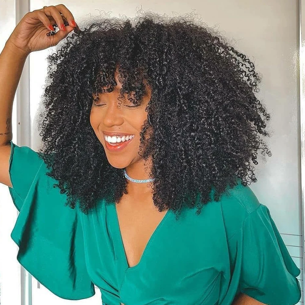 

Mongolian Afro Kinky Curly Human Hair Wigs with Bangs Short Brazilian Remy Human Hair Machine Made Wigs for Women Glueless