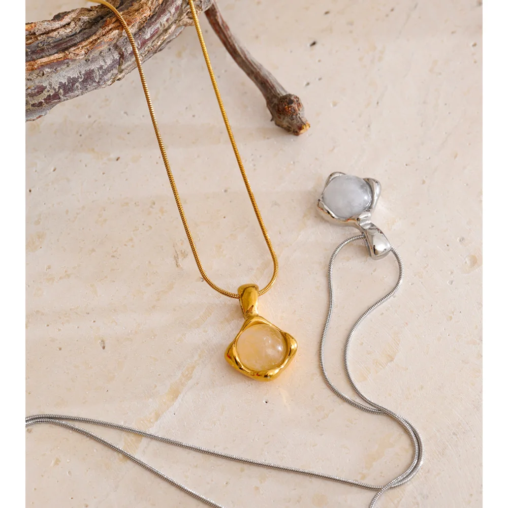 Yhpup Stainless Steel Natural White Quartz Stone Pendant
