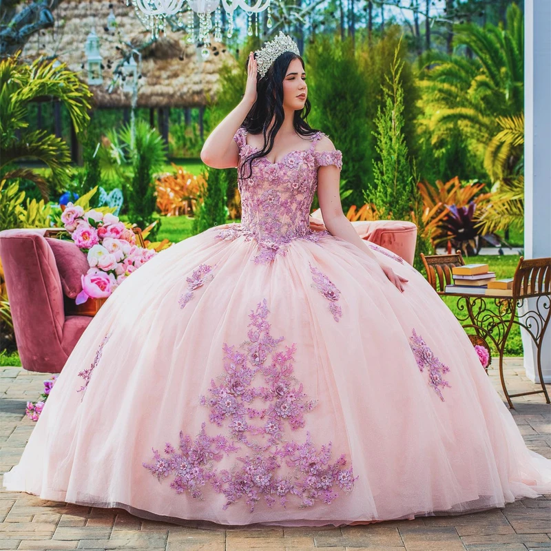 

Luxury Pink Quinceanera Dress 2024 Applique Lace Tull Princess Ball Gown Sweet 15 Vestidos De XV Años Party Gown