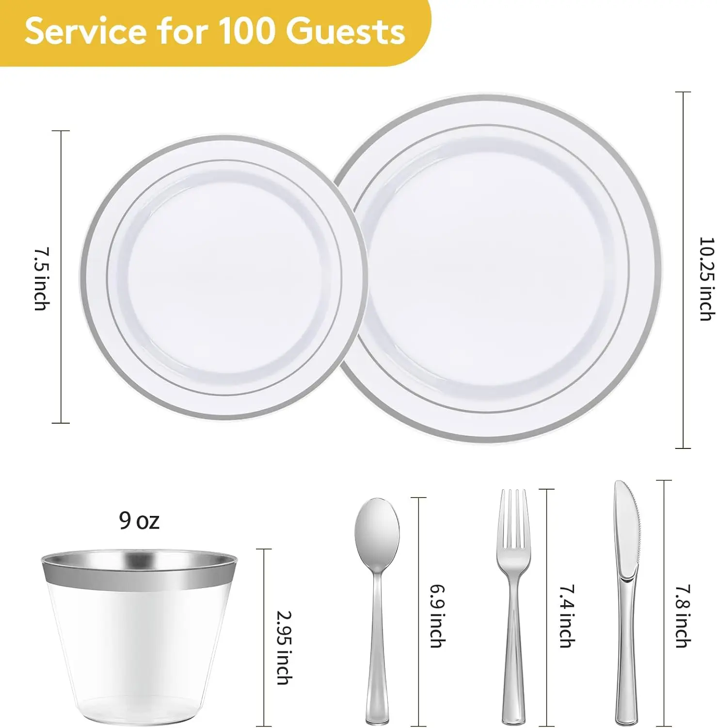 600 Piece Disposable Silver Plates for 100 Guests Plastic Dinnerware Set of 100 Dinner Plates Salad