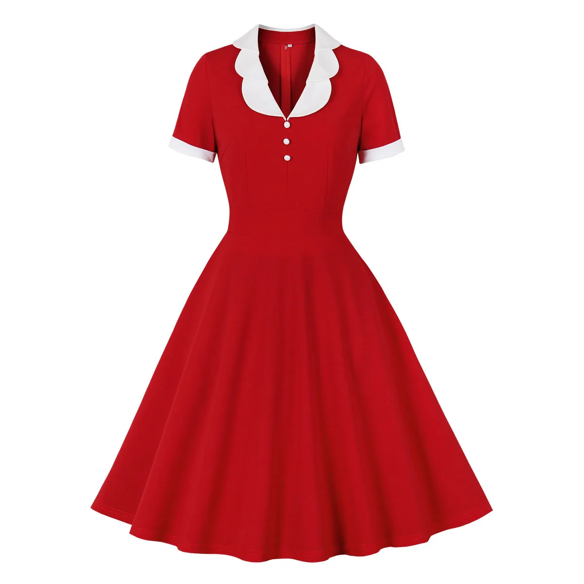 

Contrast Collar and Cuff Button Front Red 50s Vintage Dresses Short Sleeve Summer Clothes Swing Dress Women Elegant VD2947