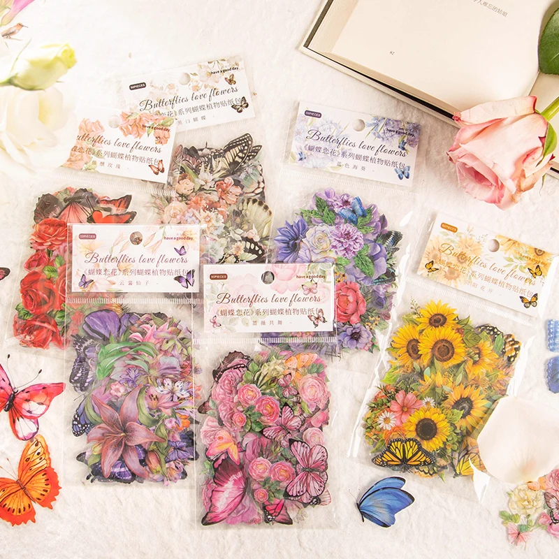 

50pcs/pack Butterfly Flowers Stickers Decorative Adhesive Diy Sticker for Scrapbooking Stick Labels junk journal supplies
