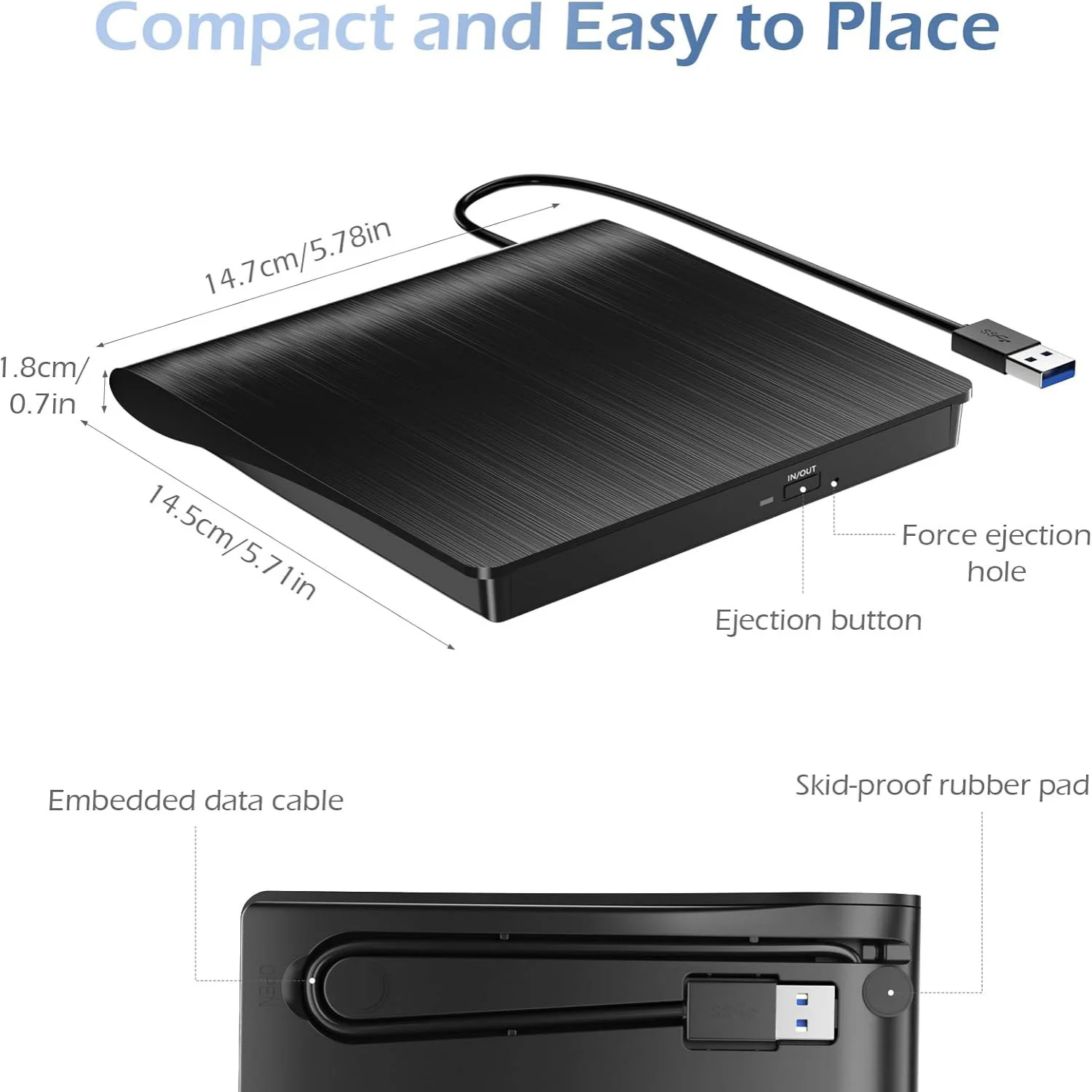외장 CD/DVD 드라이브, USB 3.0 CD DVD 플레이어 휴대용 +/-RW 버너 CD ROM 리더 라이터 디스크 복제기 (노트북 데스크탑 PC용)