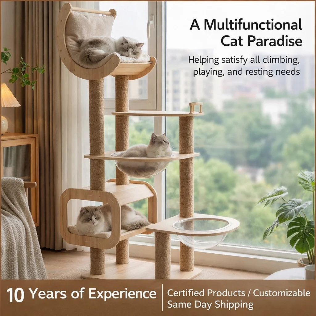 New Large Space Capsule Cat Tree with Cozy Cave Bed Real Wood Multi ...