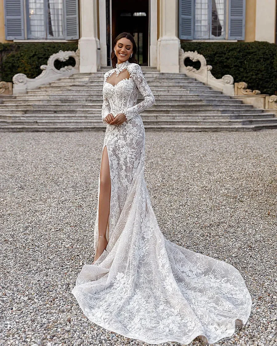 

Luxury Mermaid Wedding dress Sexy turtleneck applique Sweetheart Beach Bridal Dress with long sleeve side slit formal dress new