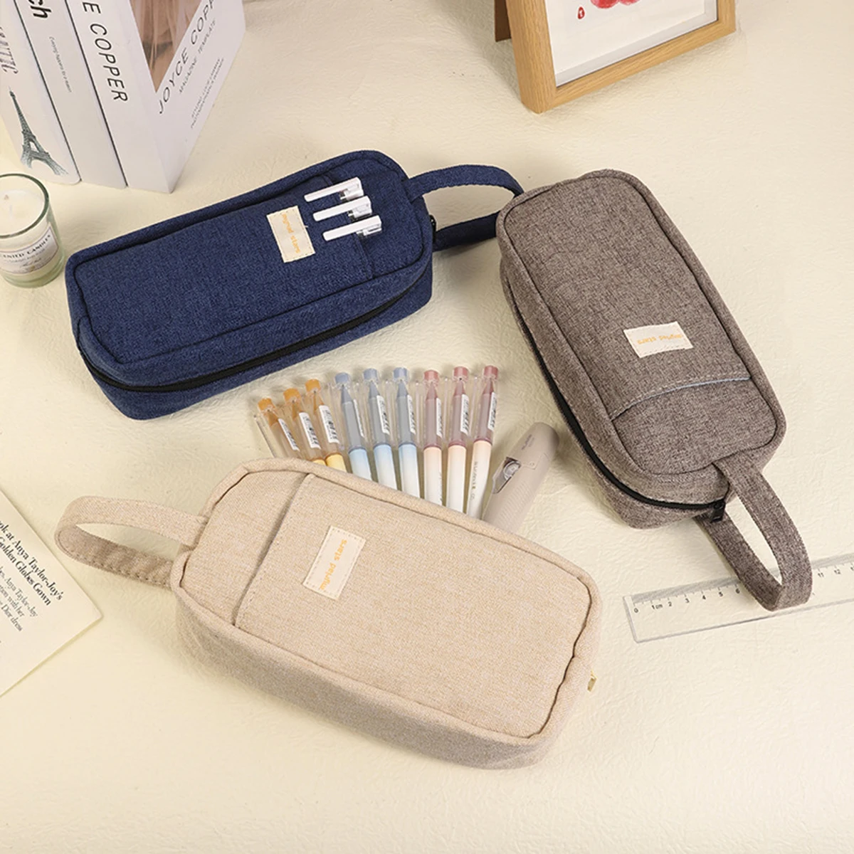 빈티지 캔버스 펜 가방 지퍼 디자인 대용량 야외용 필통 휴대용 문구 정리함 학생 개학 용품