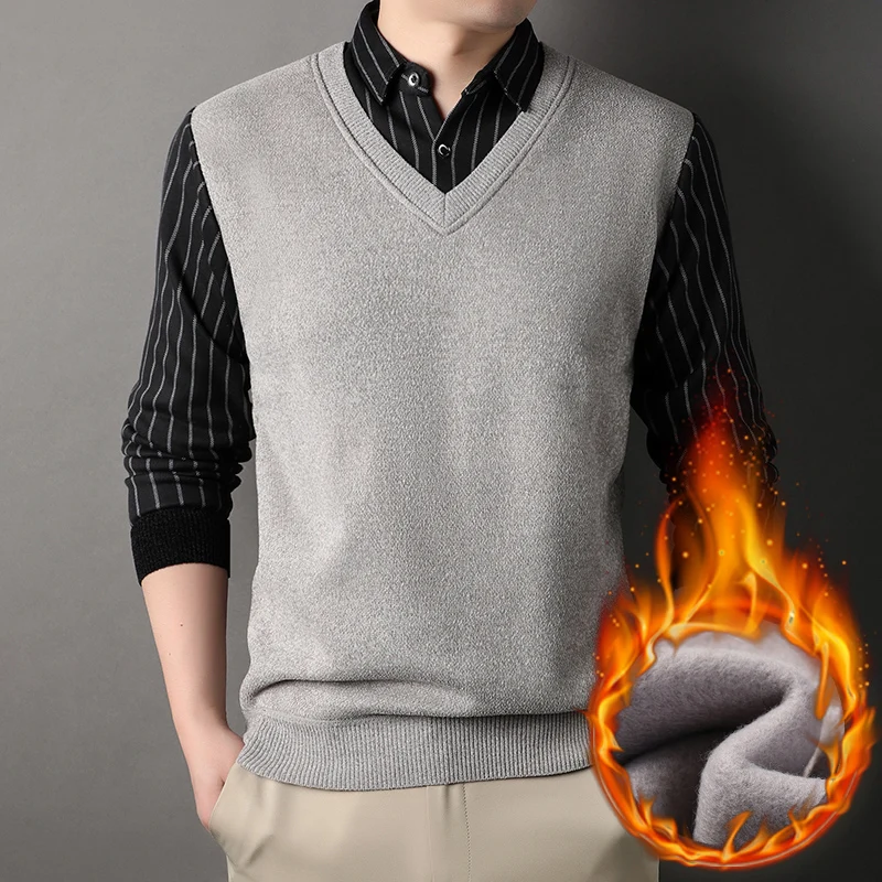 Male Fleece Pullover Polo Collar Sweater Autumn Winter Knitwear Stripe Sweaters