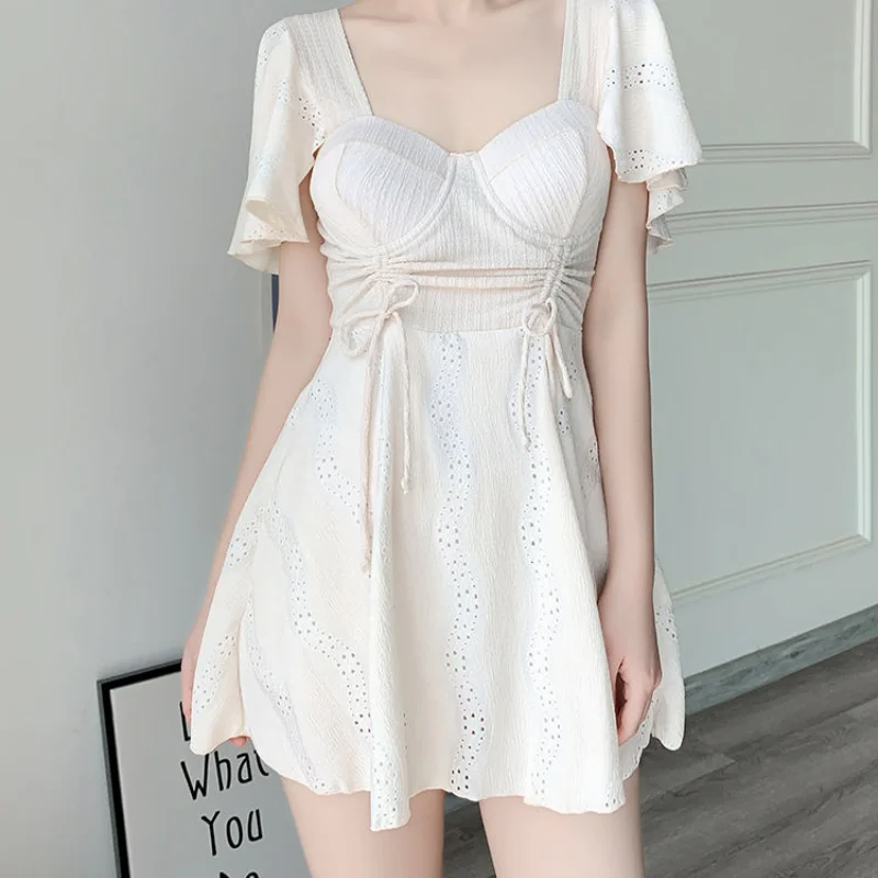 Summer One Piece Solid Color Korean Open Back Women's Conservative Dress Style Slim Fit Swimwear Beach Holiday Swimwear