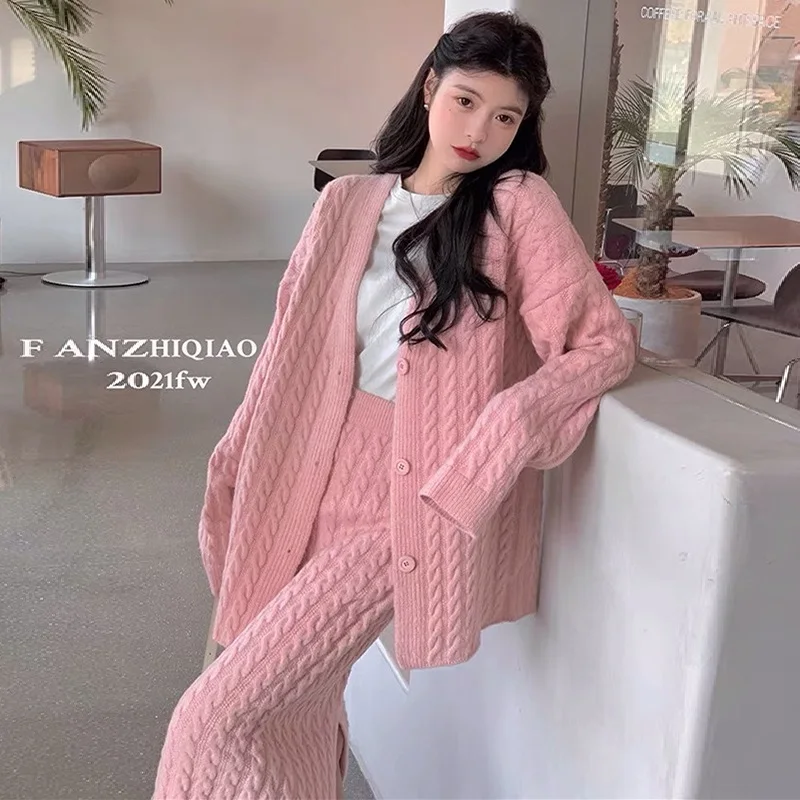 Women Clothes Knitted 2 Piece Set Vintage Loose Twist Sweater Single Breasted Knitted Cardigan Coat+Casual Wide Leg Pants 2sets