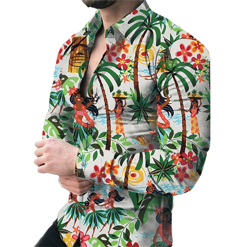 thumbnail image 1 of Camisas florales estilo playa hawaiano 2024 para hombre, camisa vintage con estampado 3D para hombre, camisa de manga larga con solapa y botón, primavera Y2k, 1 of 5