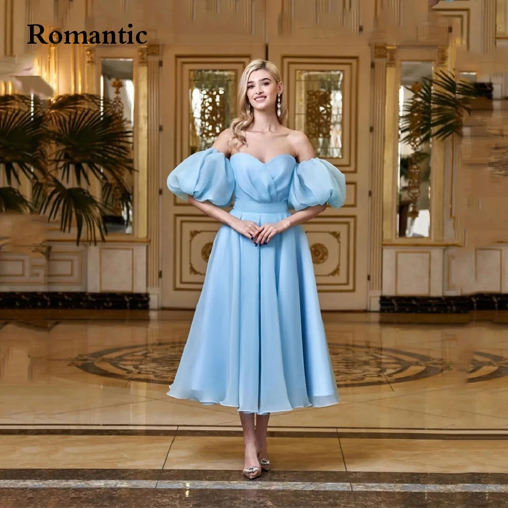 

Romantic A Line Light Blue Prom Dress Sweetheart Puff Sleeves Tea Length Formal Party Gowns Lace Up Back Robe de soiree