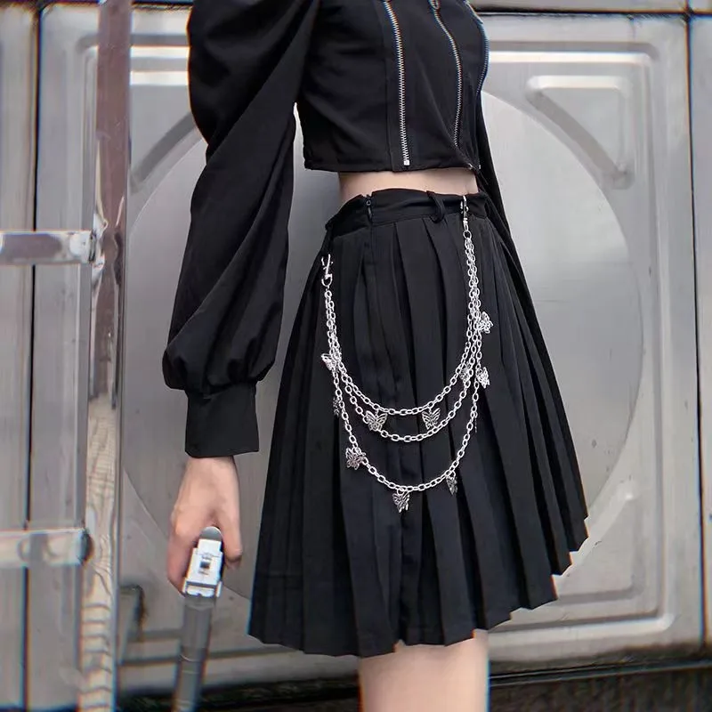 Black Skirt With Chain Belt Y2k JK Girls Punk Street Butterfly