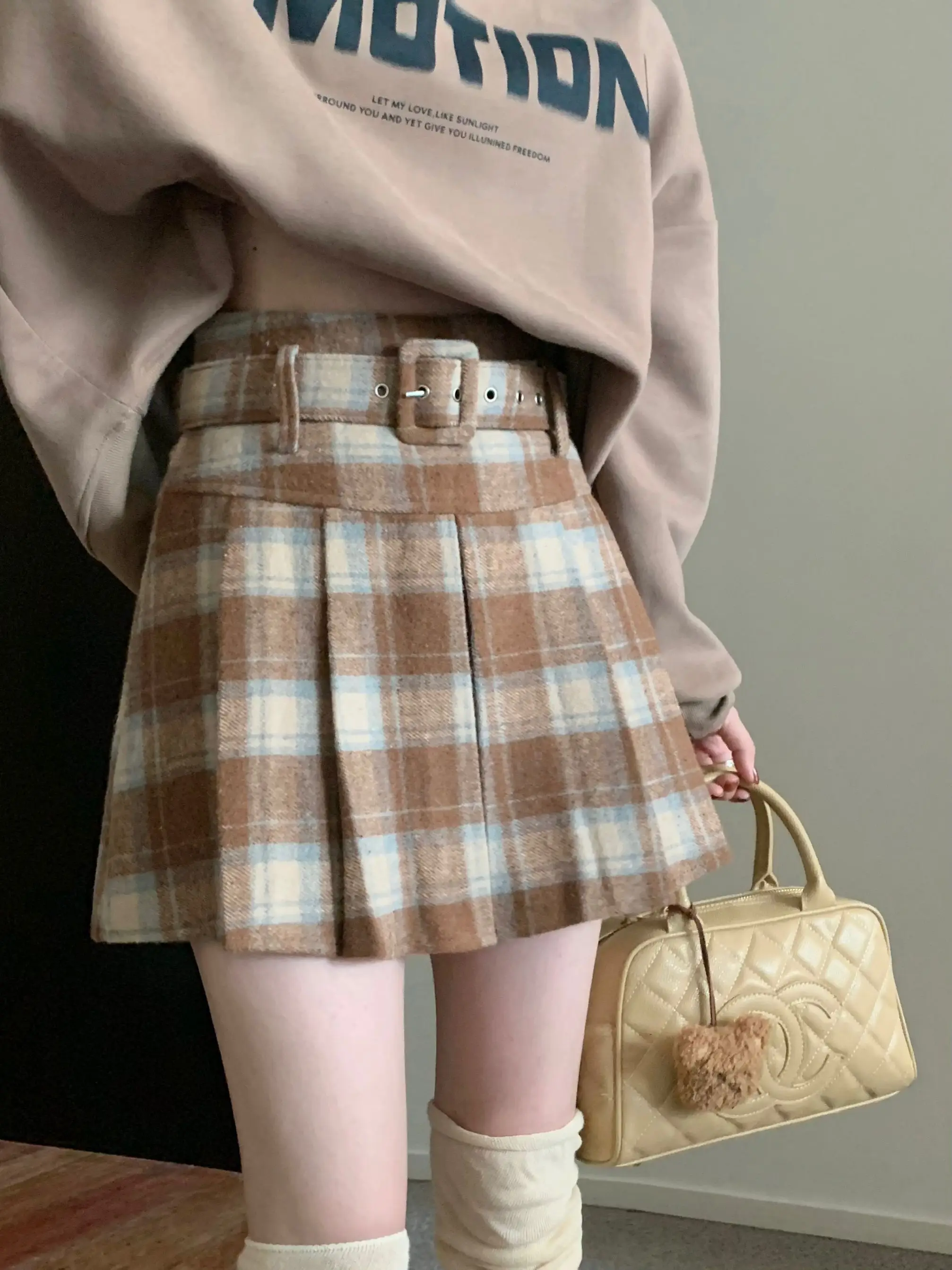 

Preppy style high waist plaid woolen skirt women's autumn and winter pleated short skirts