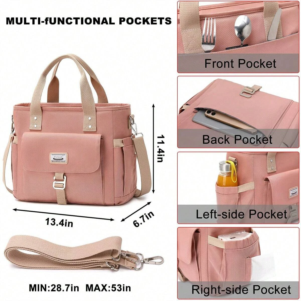 Fashionable Women's Insulated Lunch Tote Bag Large Opening Temperature Control Detachable Shoulder Strap