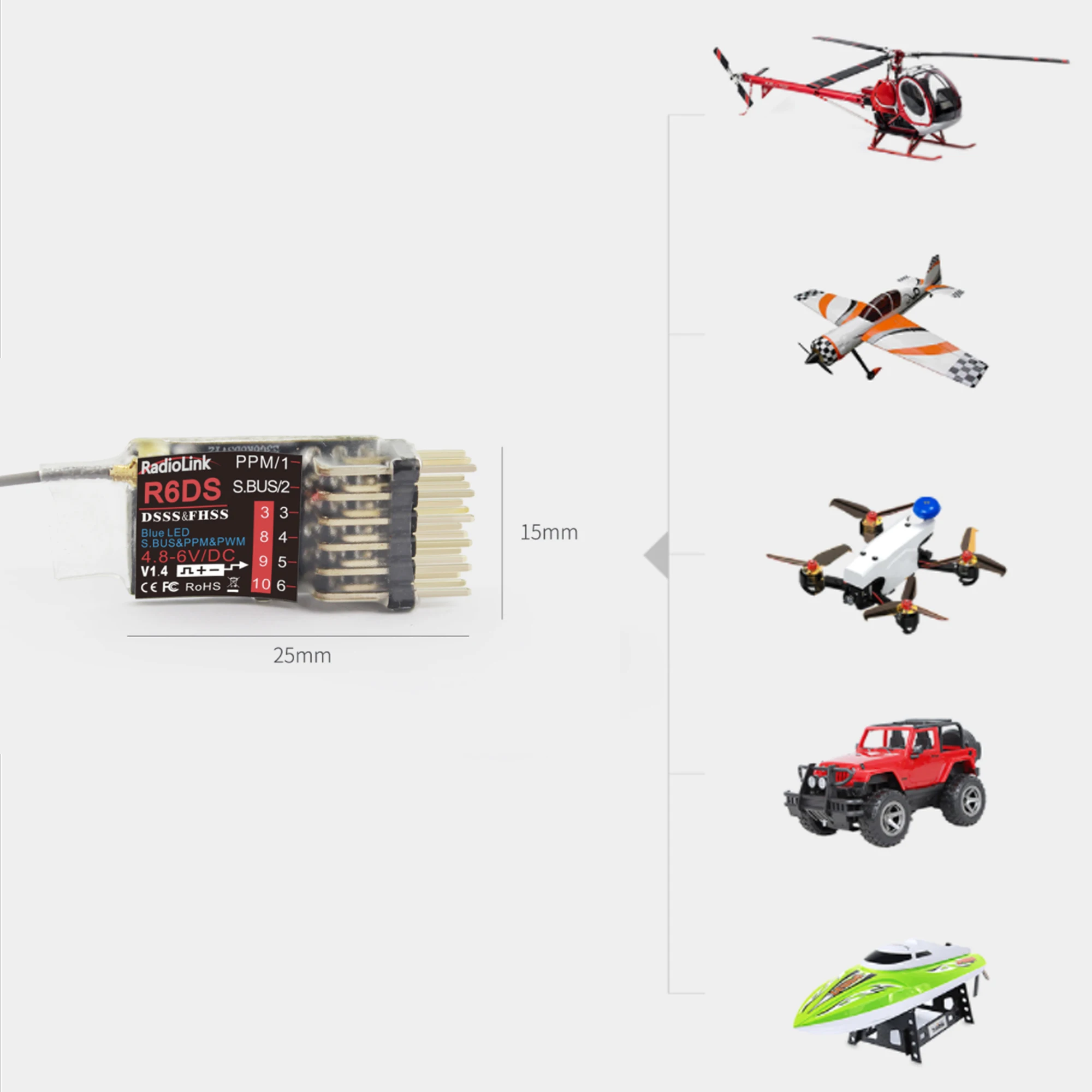 Récepteur Radiolink R6DS 2.4G 6/10 canaux SBUS/PPM/PWM compatible AT9 AT9S AT10, monté sur drone avec câbles.