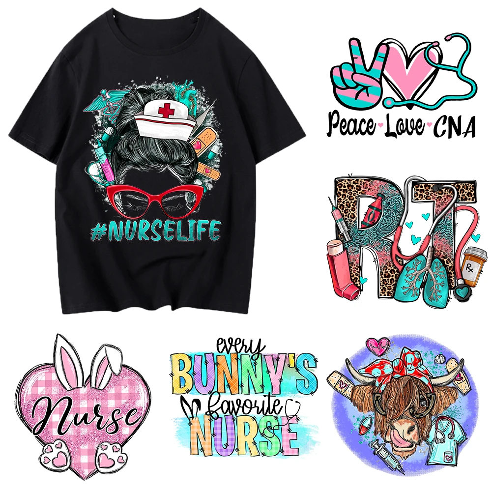 6cm Doctor Nurse Heat Transfer Stickers Iron On Clothes DTF Pinted Vinyl Thermal Appliques Washable T Shirt Decal
