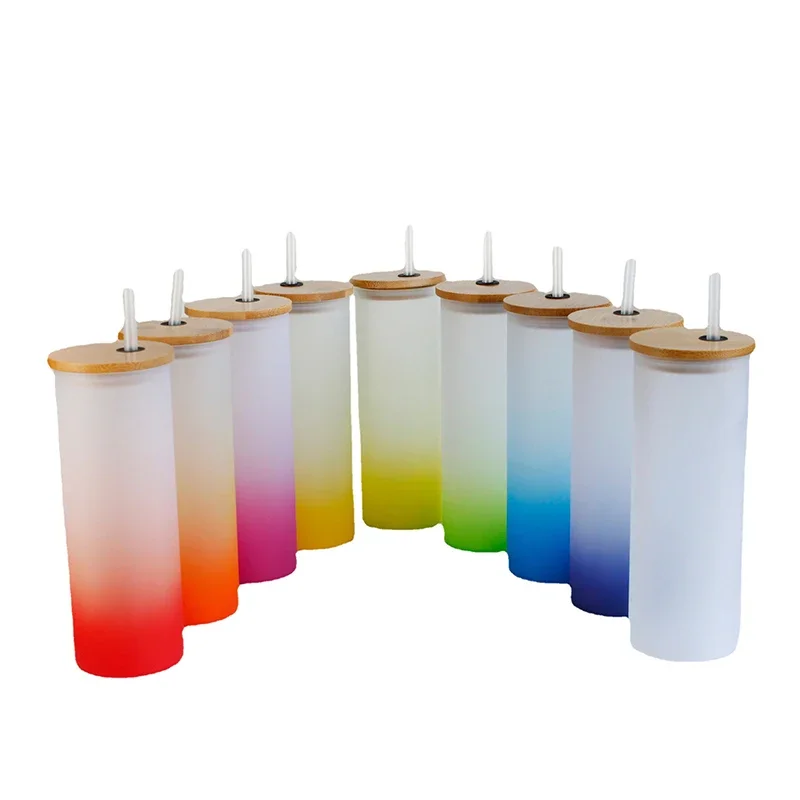 Sublimation Blank Straight Glass Tumbler Gradient Color 17oz Coffee Mug Juice Beer Wine Tumblers Frosted Cup with Bamboo Lid