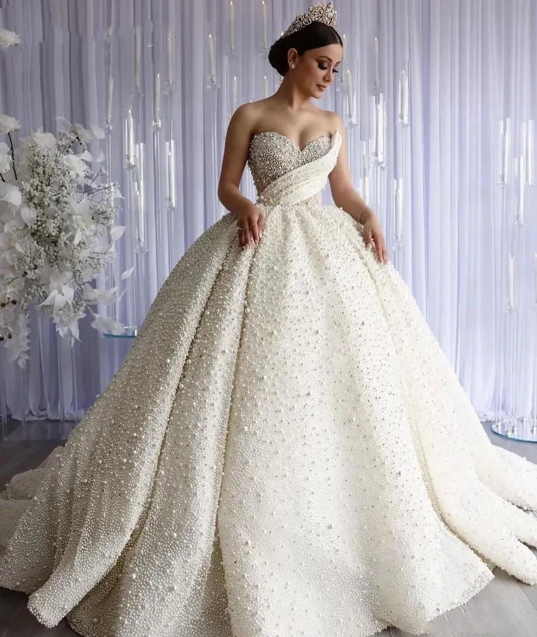 

HaohaoLuxury Pearls Wedding Dresses Ball Gown Sweetheart Dubai Chapel Bridal Gowns For Women Brides Dresses Vestido De Casamento