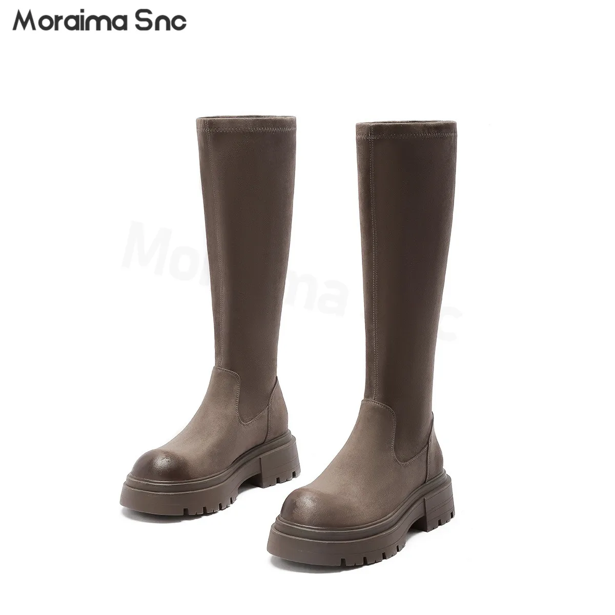 

Simple Design New Platform Boots Autumn and Winter Round Toe Square Root Slip-On Slim Elastic Boots Large Size Women's Boots
