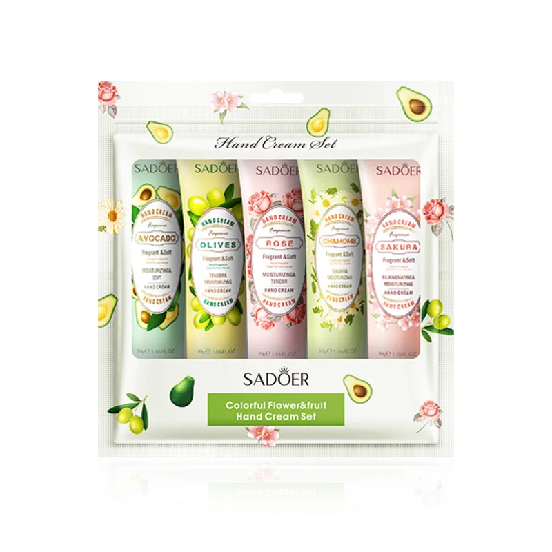 5pcs/kit SADOER Fruit Flower Hand Cream Sets Moisturizing Repair Anti Wrinkles Hand Lotion Sets Hands Skin Care Products